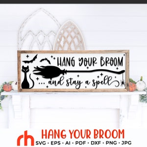 Hang your Broom SVG, Horizontal Sign Cut File, Halloween Porch Board DXF, Spooky Mantel Scene, Fall Decor, Witch Broom Silhouette, Black Cat