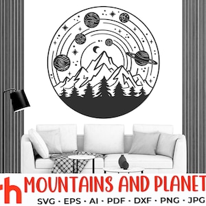 Bergen en planeten SVG, ruimteontwerp DXF, fantasielandschap gesneden bestand