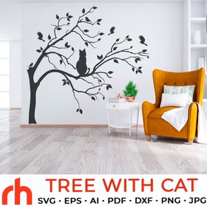 Arbre avec chat SVG, fichier coupé branche, silhouette d'arbre, décoration murale DXF, vecteur d'oiseaux en vol