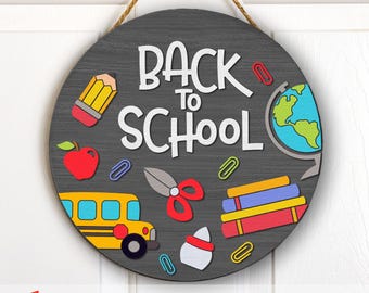 Back to School SVG, Layered Door Sign Cut File, School Bus Silhouette, Classroom Hanger DXF, Teacher Hanging Sign, Fall Decor, Autumn Design