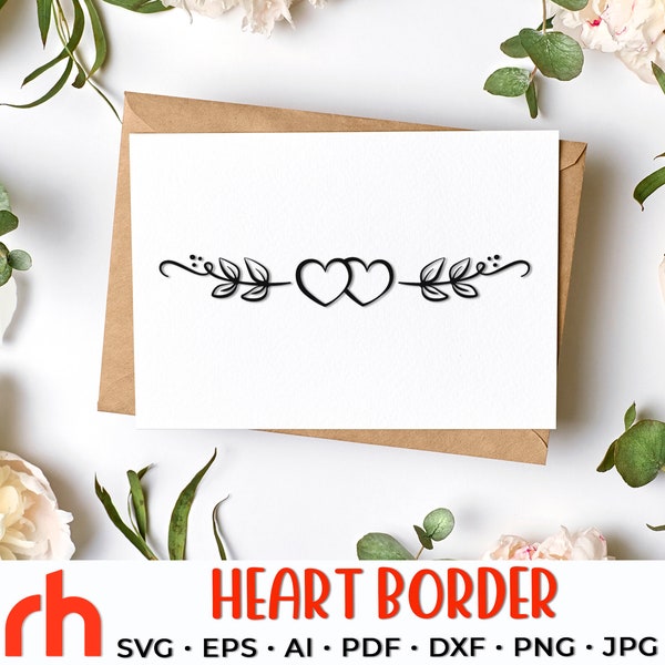 Heart Border SVG, Leaves Wreath Cut File, Wedding Divider DXF, Wedding Design, Double Heart Vector