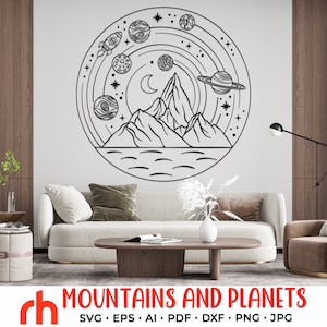 Montagnes et planètes SVG, système solaire couper fichier, univers espace DXF, scène fantastique PNG