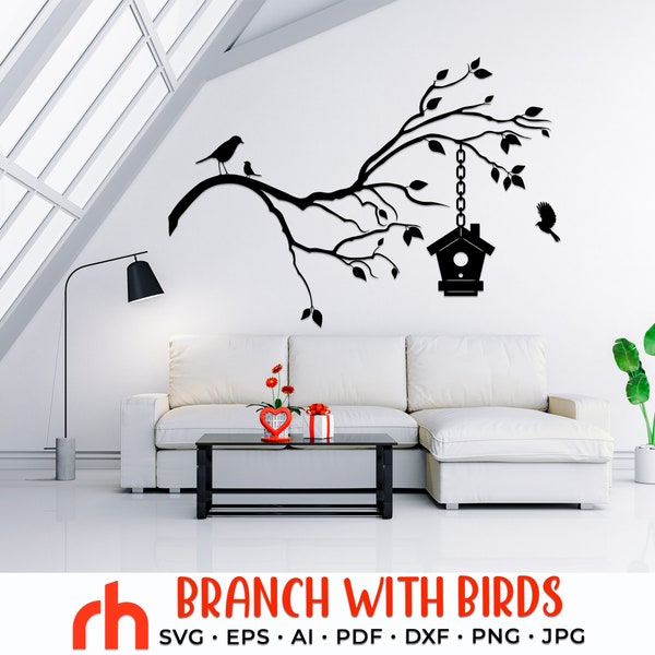 Branch with Birds SVG, Hanging Birdhouse Cut File, Birdhouse on Tree DXF, Branch Silhouette, Wall Decor Vector