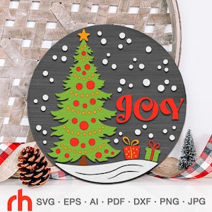 Letrero de alegría SVG, archivo de corte de letrero navideño en capas, silueta de un árbol de Navidad con regalos, colgador de invierno DXF, letrero navideño colgante