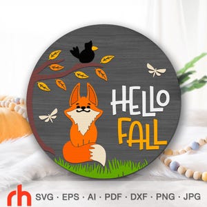 Bonjour l'automne SVG, panneau de porte automne fichier coupé, suspension en couches DXF, silhouette d'un renard et d'un corbeau, panneau suspendu boisé, conception sur le thème de la forêt