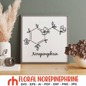Floral Norepinephrine SVG, Flower Molecule Cut File, Molecular Structure DXF, Mental Health PDF, Healthy Life