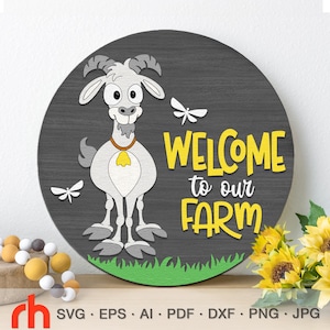 Welkom op onze boerderij SVG, gelaagde boerderijdeur teken gesneden bestand, boerderij ronde hanger DXF, grappige geit silhouet, platteland hangend bord