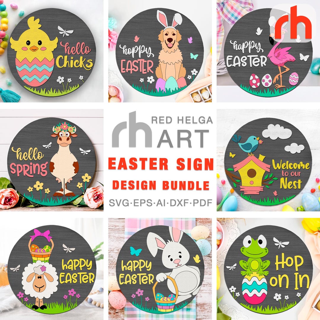 Easter Animals SVG Bundle, Layered Door Sign DXF, Spring Round Hanger ...