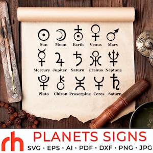Planètes signes SVG, fichiers de coupe de symboles astrologiques, planètes magiques DXF, Saturne, Jupiter, Mars, Vénus, vecteur d&#39;Uranus