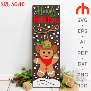Ciao vacanze in formato SVG, Cartello natalizio a strati per veranda, Silhouette di un omino di pan di zenzero da cowboy, Ranch Sitter in formato DXF, Texas Leaner, Natale in stile western