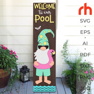 May include: A wooden sign with the text "Welcome to our Pool" and a cartoon gnome holding a pink flamingo float. The gnome is wearing a green hat with white polka dots and sunglasses.