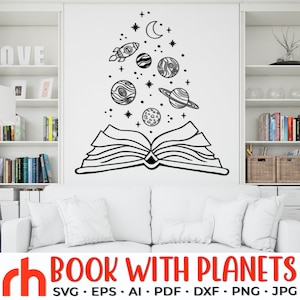 Livro com Planetas SVG, Arquivo de Corte de Espaço de Leitura, Biblioteca Escolar DXF