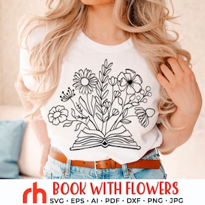 Libro con flores SVG, Archivo de corte de biblioteca, Libro floral PNG, Diseño de bibliotecario, Bookworm DXF, Profesor de lectura, Cuento de hadas