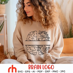 Peut inclure: Contour noir et blanc d'un cerveau avec des fleurs d'un côté. Le cerveau est divisé en deux avec une ligne au milieu. Le texte "BRAIN LOGO" est sous l'image. Le texte "SVG. EPS. AI. PDF. DXF. PNG. JPG" est sous le texte "BRAIN LOGO".