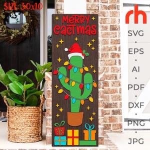 Joyeux Noël Cactmas SVG, fichier de coupe de panneau de porche de Noël en couches, Silhouette de cactus avec bonnet de Noel et guirlande, Texas Leaner DXF, Noël du sud-ouest