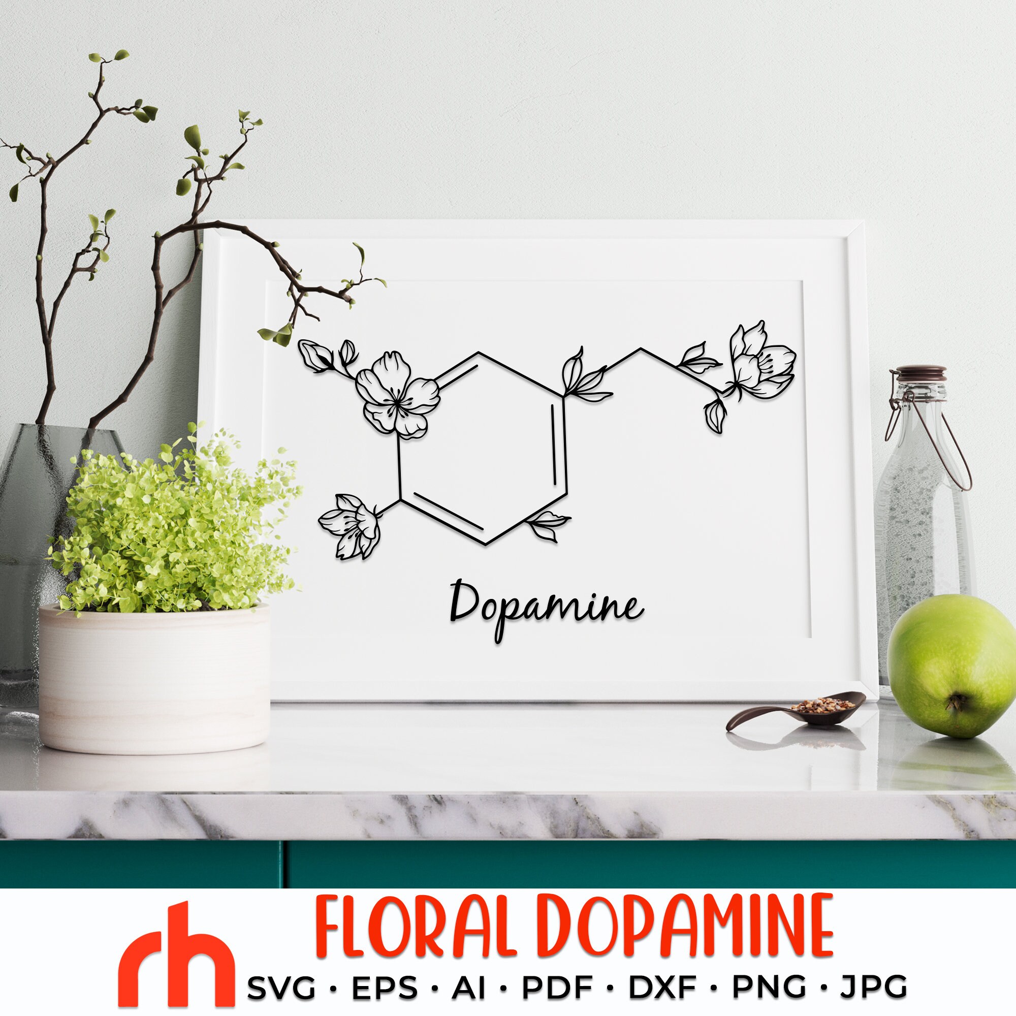 Floral Dopamine SVG, Flower Molecule Cut File, Molecular Structure DXF, Mental Health PDF, Healthy Life