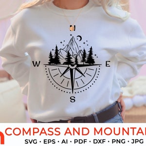 Boussole et montagnes SVG, fichier de coupe de scène de montagne, vecteur de conception de voyage, forêt de nuit DXF, thème camping, aventure vous attend
