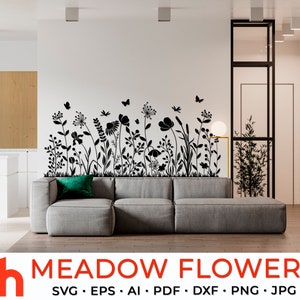 Flores do Prado SVG, Arquivo de Corte de Borda Floral, Decoração de Janela DXF, Design de Flores Silvestres, Vetor Gras