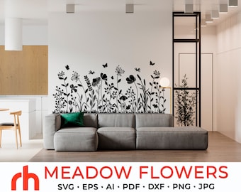 Meadow Flowers SVG, Floral Border Cut File, Window Decor DXF, Wildflower Design, Gras Vector