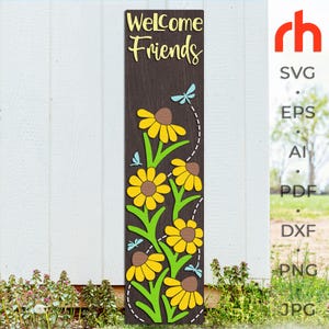 Willkommen Freunde SVG, geschichtete Veranda Zeichenschnitt-Datei, Silhouette von Wildblumen und Libellen, Floral Leaner, Blumensitter, Landschaftsdekor