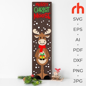 Merry Christmoose SVG, Layered Porch Sign Cut File, Silhouette of a Moose with a Gift, Xmas Leaner DXF, Christmas Sitter, Holiday Decor