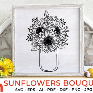 Sonnenblumen SVG, Herbststrauß Schnittdatei, Herbstblumen DXF, Strauß Wildblumen im Glas, Bauernhaus-Design