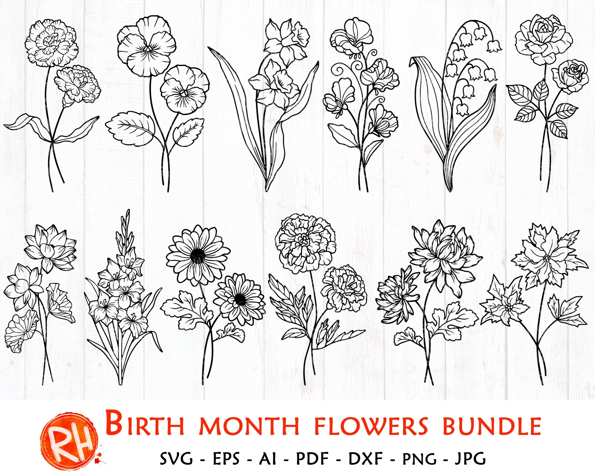Birth Month Flowers Svg Bundle Birthday Flowers Silhouette Etsy
