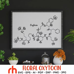 Floral oxytocine SVG, bloemmolecuul gesneden bestand, chemische structuur DXF, Bloom Love pdf