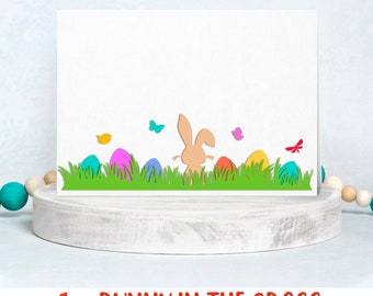 Bunny in the Grass SVG, Easter Scene Cut File, Rabbit with Eggs DXF