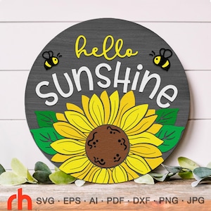 Hello Sunshine SVG, Türschild Cut File, Sonnenblume Silhouette mit Bienen, Sommer Hängeschild DXF, Countryside Aufhänger