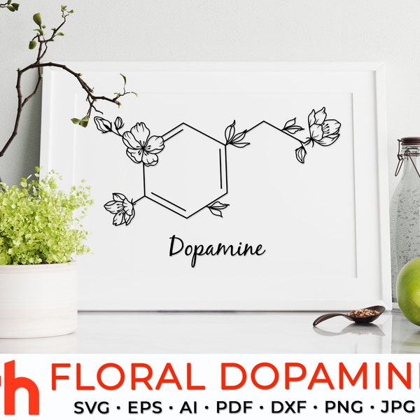 Floral Dopamine SVG, Flower Molecule Cut File, Molecular Structure DXF, Mental Health PDF, Healthy Life