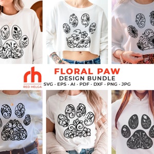 Pacote Floral Paw SVG, arquivo de corte de pegada de flores silvestres, design de amante de animais de estimação, vetor de animal floral