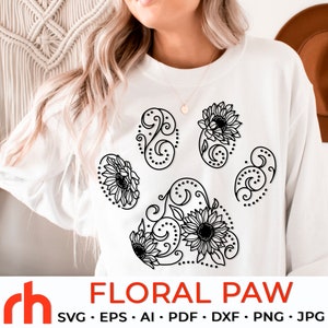 Blumenpfote SVG, Sonnenblume Fußabdruck Schnittdatei, Tierliebhaber Design, Blumentier Vektor