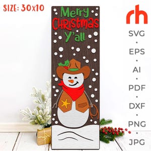 Buon Natale a tutti SVG, Cartello natalizio a strati per veranda, Silhouette di un pupazzo di neve cowboy, Ranch Winter Sitter, Texas Leaner, Natale western