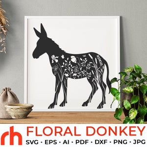 Esel SVG, Blumen Tier Schnittdatei, Wildblumen Maultier Vektor, Farmleben DXF, Oster Dekor, Frühlingsdesign