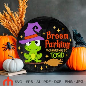 Bezem parkeren SVG, gelaagde deur teken gesneden bestand, silhouet van pad in een heksenhoed, Halloween ronde hanger DXF, herfst hangend teken