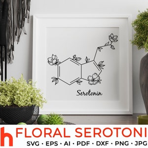 花のセロトニンSVG、花の分子カットファイル、分子構造DXF、メンタルヘルスPDF、健康的な生活デザイン、ホルモンベクター
