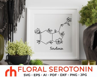 Floral Serotonin SVG, Flower Molecule Cut File, Molecular Structure DXF, Mental Health PDF, Healthy Life Design, Hormones Vector