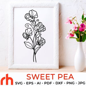 Sweet erwt SVG, Aries Flower Cut-bestand, geboorte april plant DXF, lentebloem omtrek