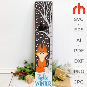 Bonjour hiver SVG, signe DXF de porche en couches, fichier de coupe plus maigre de Noël, décoration boisée, gardienne d'animaux, silhouette de renard et de corbeau, thème de la forêt