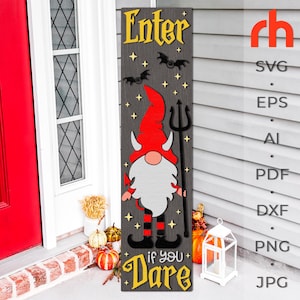 Enter if You Dare SVG, Halloween veranda teken gesneden bestand, Gnome Devil Silhouette, Spooky Leaner DXF, Fall Sitter, Seizoensdecor
