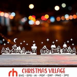 Christmas Village SVG, Winter Street Cut File, Snowy Landscape DXF, Christmas Window Decor, Holiday Design Vector