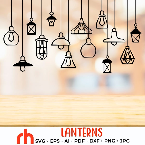 Hanging Lanterns SVG, Light Bulbs on a String DXF, Wall Decor Cut File, Window Ornament Vector