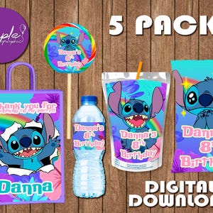 Confezione festa di compleanno Stitch - Sacchetto di patatine - Sacchetto di bomboniere - Succo - Bottiglia d'acqua - Etichette per lecca-lecca - DOWNLOAD DIGITALE - Confezione da 5 - Materiali stampabili