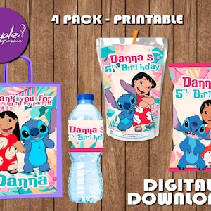Etichette per pacchetto festa di compleanno Lilo e Stitch - Borsa per patatine - Borsa per bomboniere - Succo - Bottiglia d'acqua - DOWNLOAD DIGITALE - Forniture stampabili