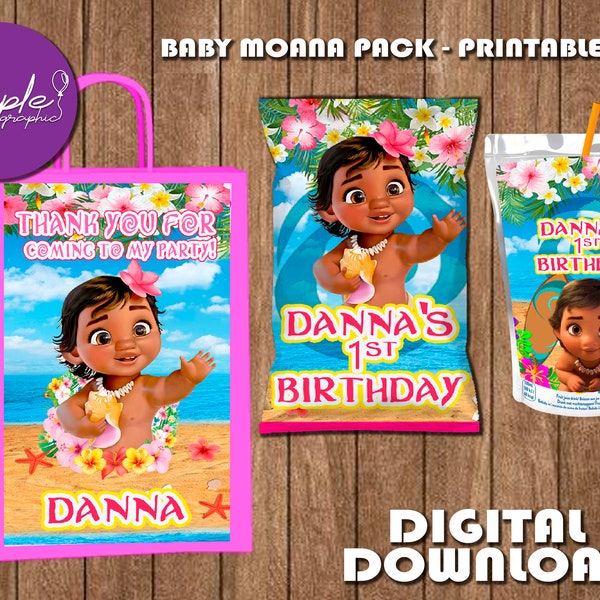 Labels for Baby Moana Party Pack - Chip Bag - Favor Bag - Juice  - DIGITAL DOWNLOAD