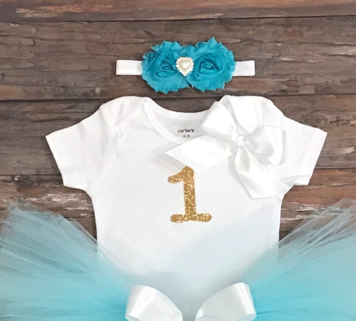 Baby Girls First Birthday Outfit. Blue Aqua Tutu. Gold One Etsy