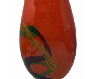 Vintage Signed Art Glass Oblong Vase Orange Green Purple Abstract Large 12.5”