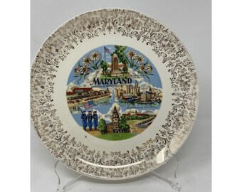 Vintage State Of Maryland Gold Trimmed Souvenir Collectors Wall Plate 9”