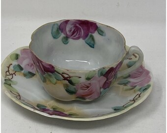 Antique Nippon Japan Hand Painted Tea Cup Saucer Porcelain Eggshell Cabbage Rose